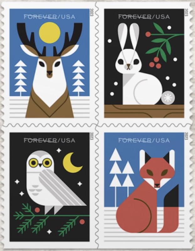 2023 USA Winter Woodland Animals Stamp - Postage Stamp Jewelry - Vintage Postage Stamp Necklace - Antique Bronze Finish