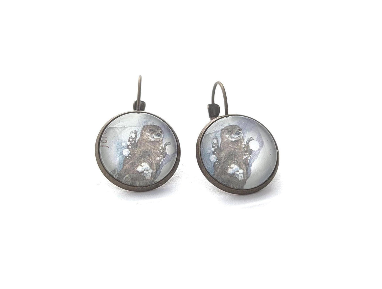 2021 Playful Otters in the Snow - USA Stamp - Postage stamp jewelry - Vintage Postage Stamp Earrings - French clip earrings antique bronze
