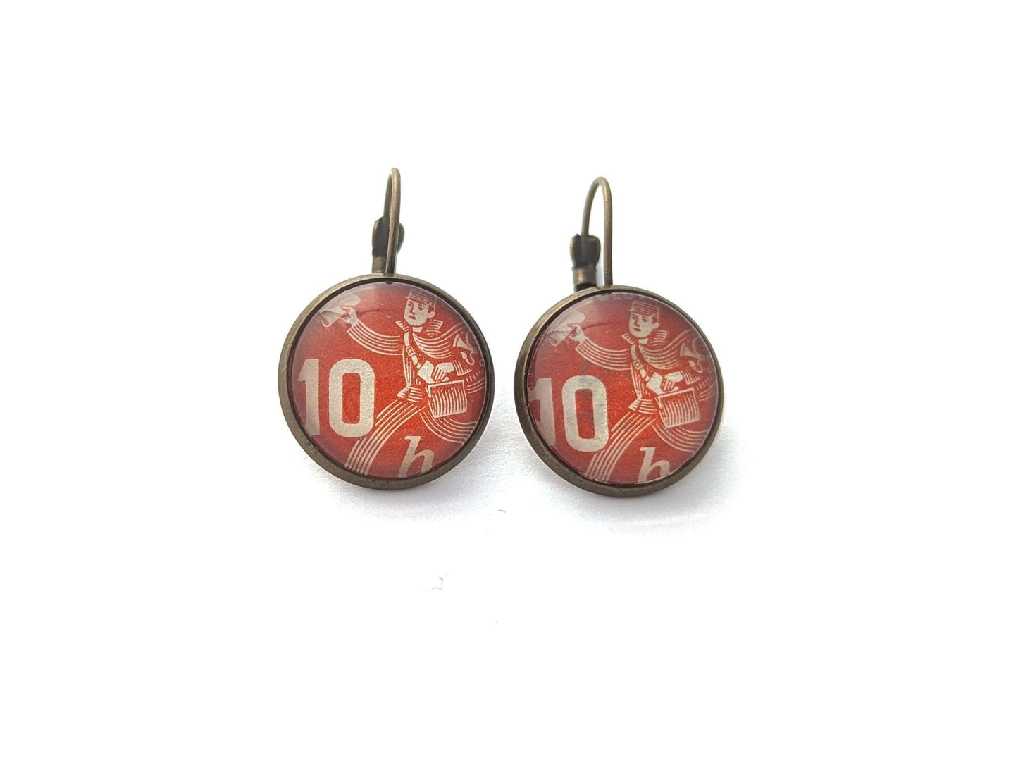 1945 Red Postman - Czech Stamp - Postage stamp jewelry - Vintage Postage Stamp Earrings - French clip earrings in antique bronze finish