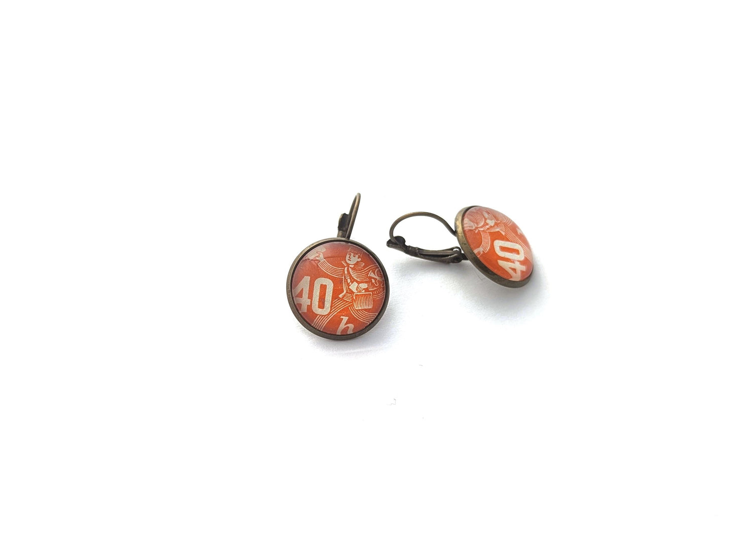 1945 Orange Postman - Czech Stamp - Postage stamp jewelry - Vintage Postage Stamp Earrings - French clip earrings in antique bronze finish