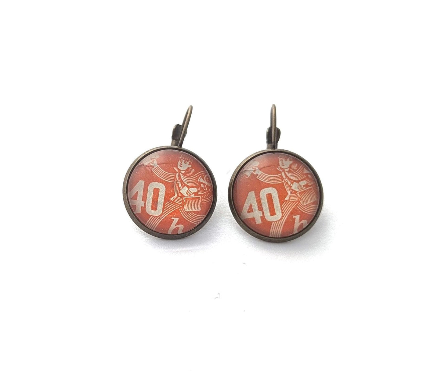 1945 Orange Postman - Czech Stamp - Postage stamp jewelry - Vintage Postage Stamp Earrings - French clip earrings in antique bronze finish