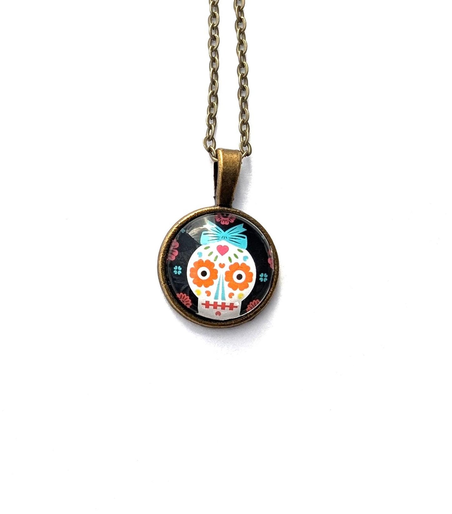 2021 Day of The Dead - Sugar Skull - USA Stamp - Postage Stamp Jewelry - Vintage Postage Stamp Necklace - Antique Bronze Finish