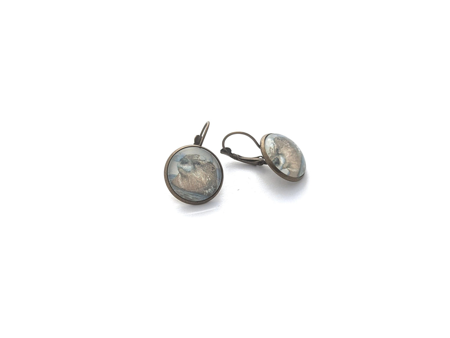 2021 Playful Otters in the Snow - USA Stamp - Postage stamp jewelry - Vintage Postage Stamp Earrings - French clip earrings antique bronze