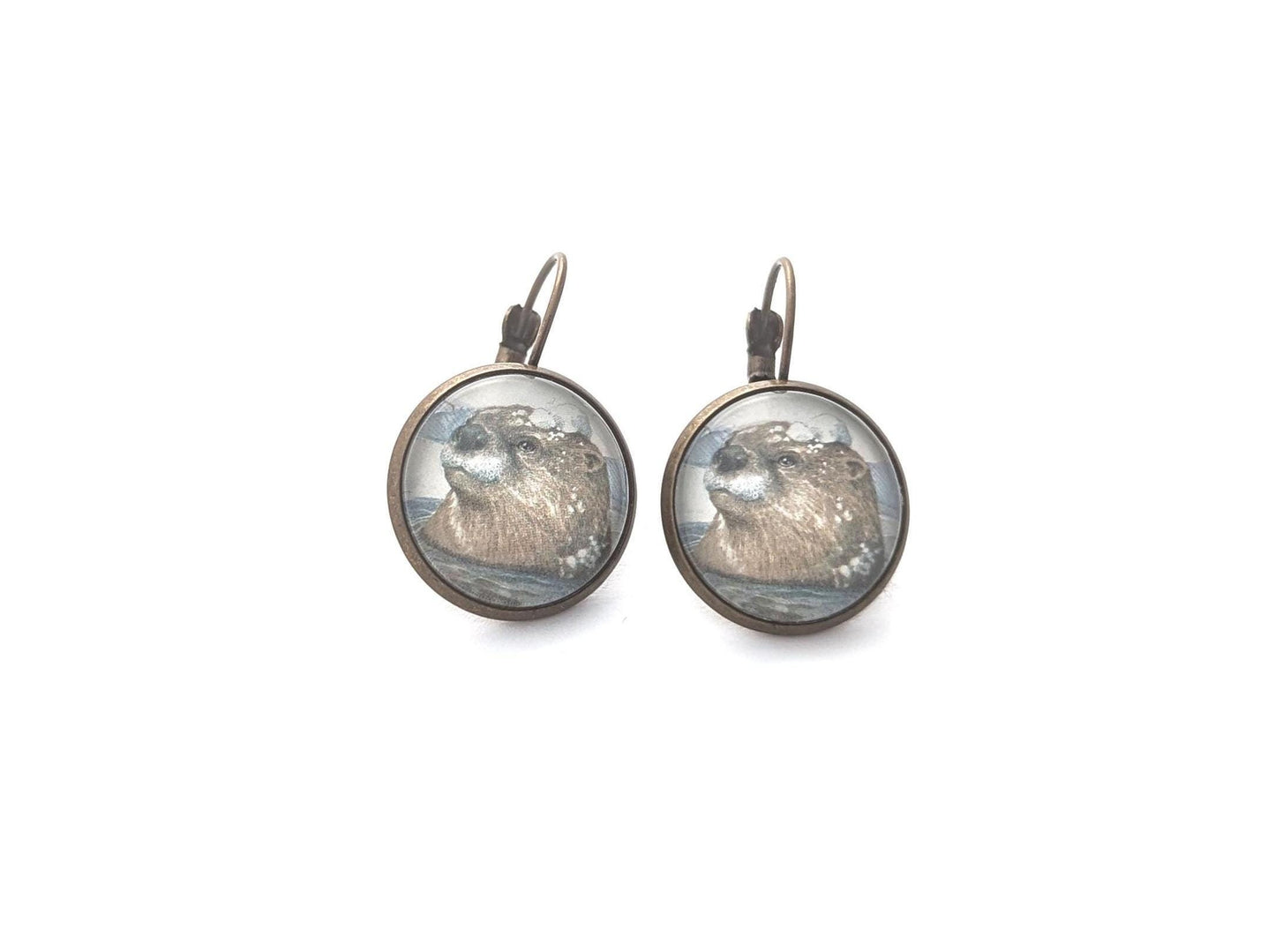 2021 Playful Otters in the Snow - USA Stamp - Postage stamp jewelry - Vintage Postage Stamp Earrings - French clip earrings antique bronze