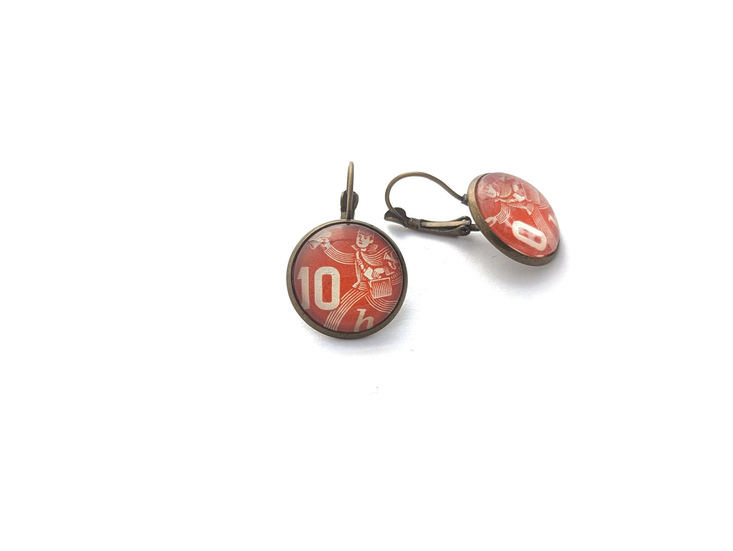 1945 Red Postman - Czech Stamp - Postage stamp jewelry - Vintage Postage Stamp Earrings - French clip earrings in antique bronze finish