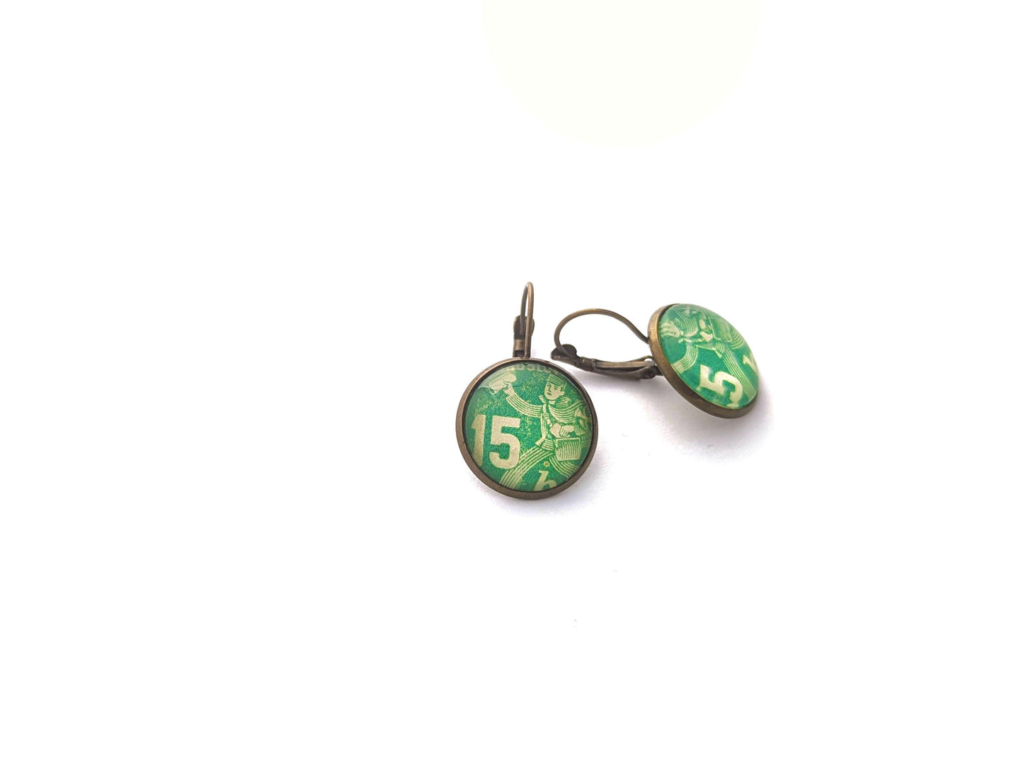 1945 Green Postman - Czech Stamp - Postage stamp jewelry - Vintage Postage Stamp Earrings - French clip earrings in antique bronze finish
