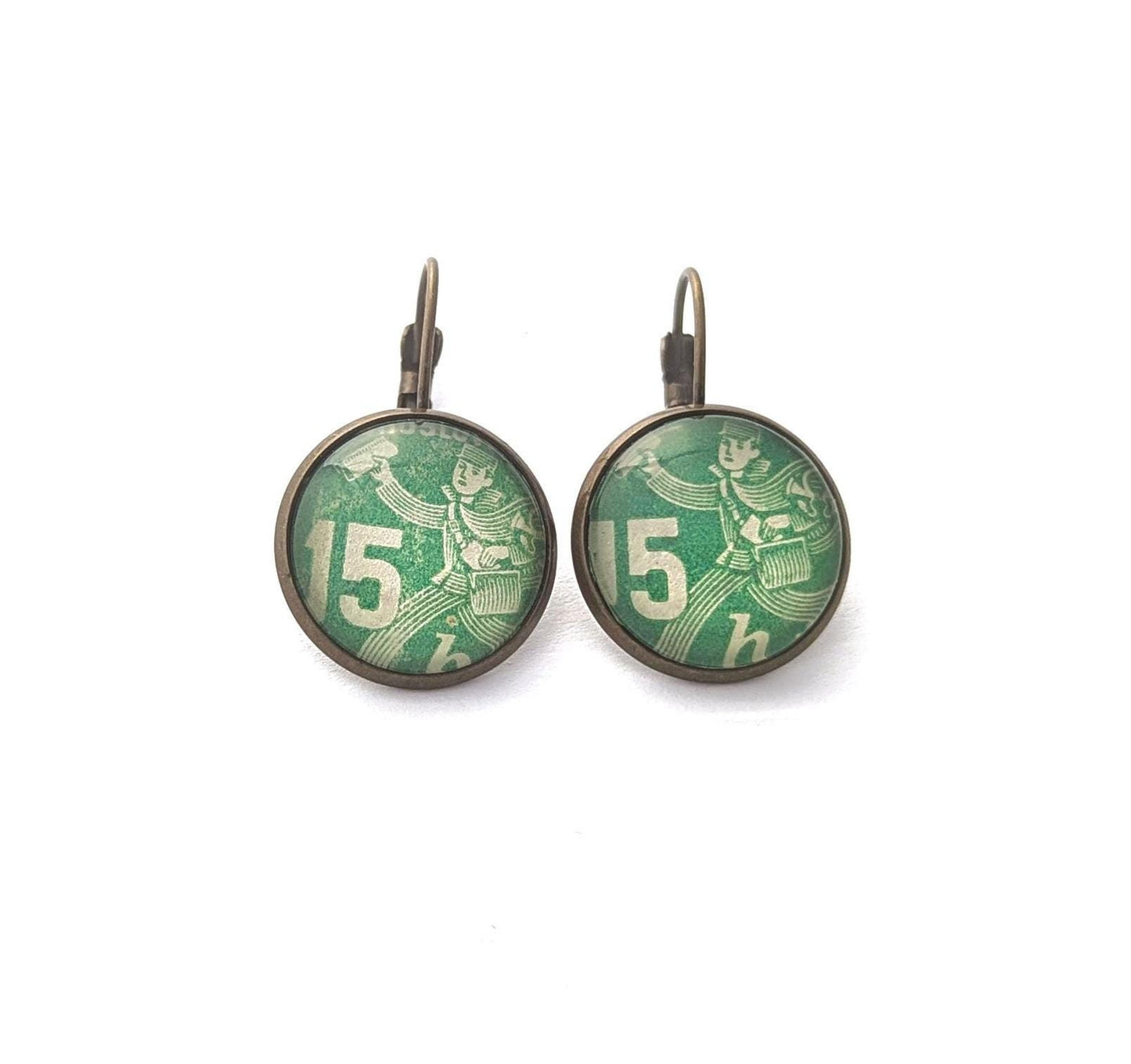 1945 Green Postman - Czech Stamp - Postage stamp jewelry - Vintage Postage Stamp Earrings - French clip earrings in antique bronze finish