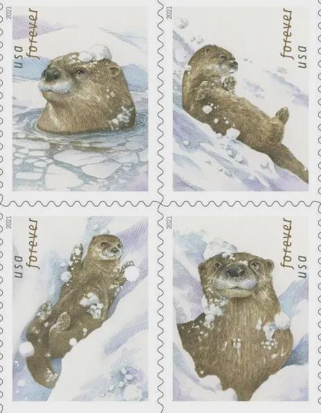 2021 Playful Otters in the Snow - Postage Stamp Jewelry - Vintage Postage Stamp Necklace - Antique Bronze Finish