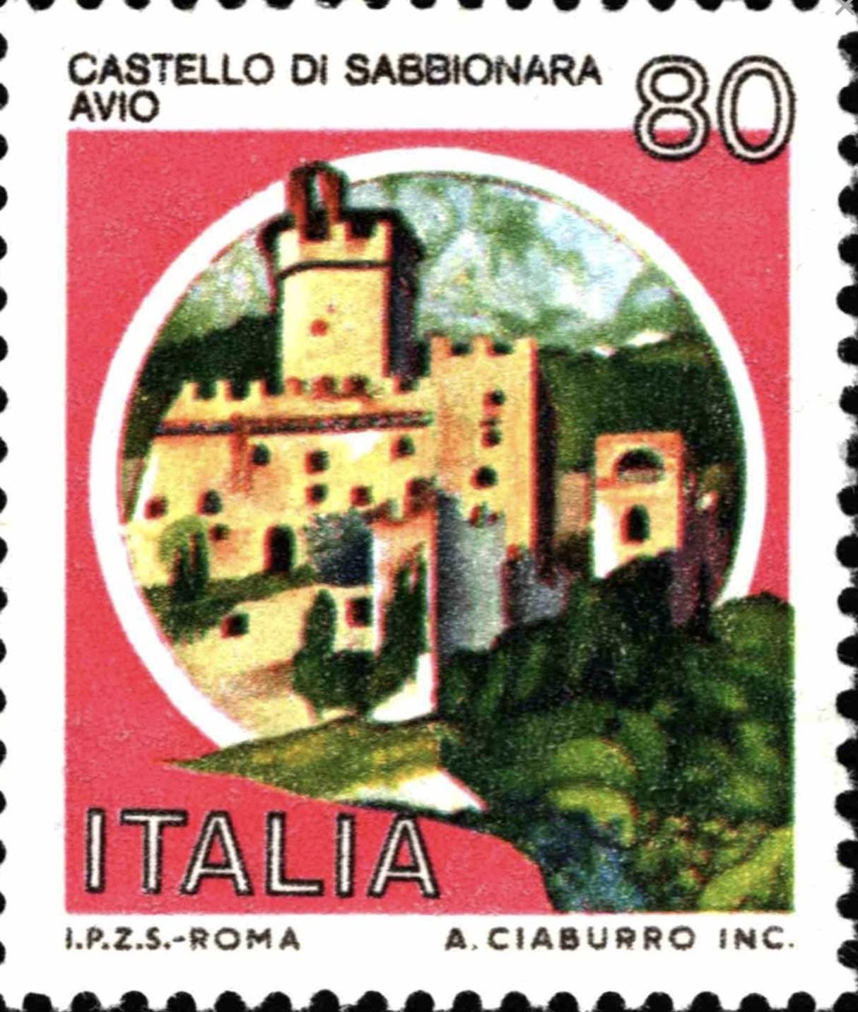 1981 Sabbionara Avio Castle - Italy Stamp - Postage Stamp Jewelry - Vintage Postage Stamp Necklace - Antique Bronze Finish
