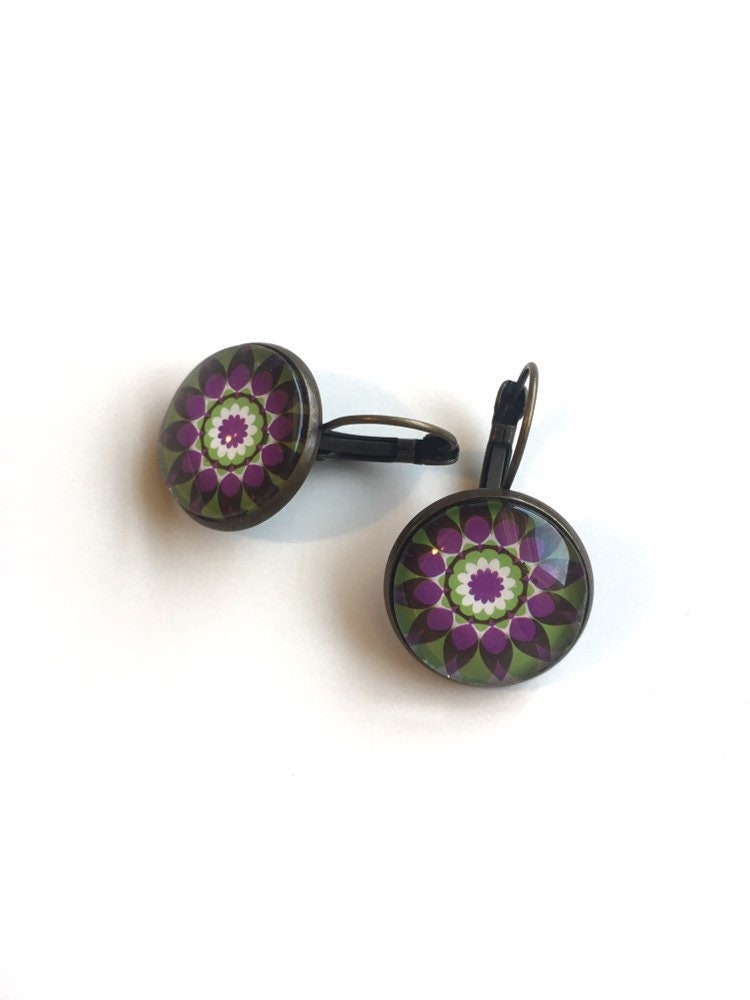 2013 "Kaleidoscope Flowers" Green/Purple USA Stamp - Postage Stamp Earrings