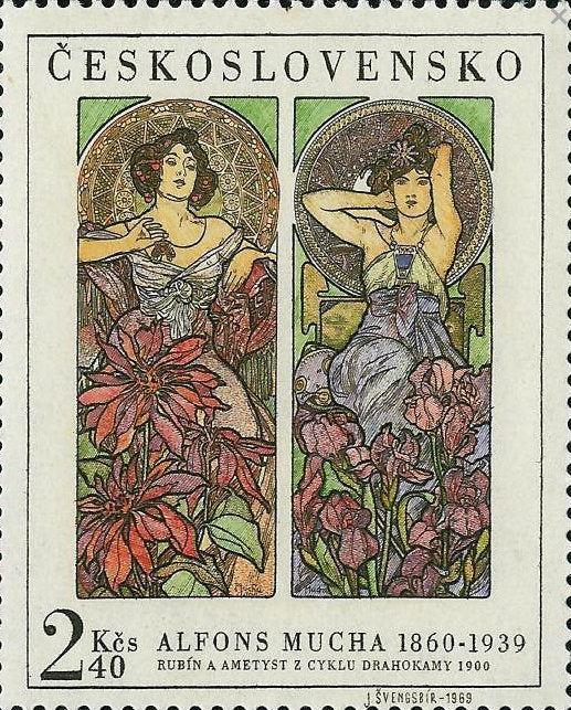 1969 Alfonse Mucha Ruby and Amethyst Czechoslovakia Stamp - Postage Stamp Earrings