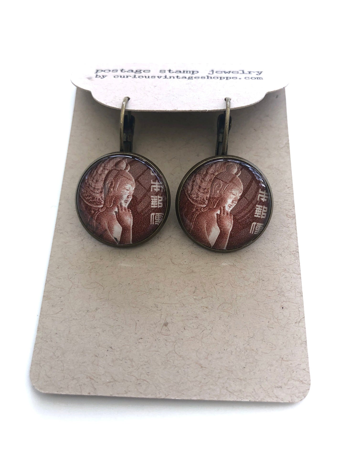 1967 Japanese Goddess Kannon - Postage Stamp Earrings