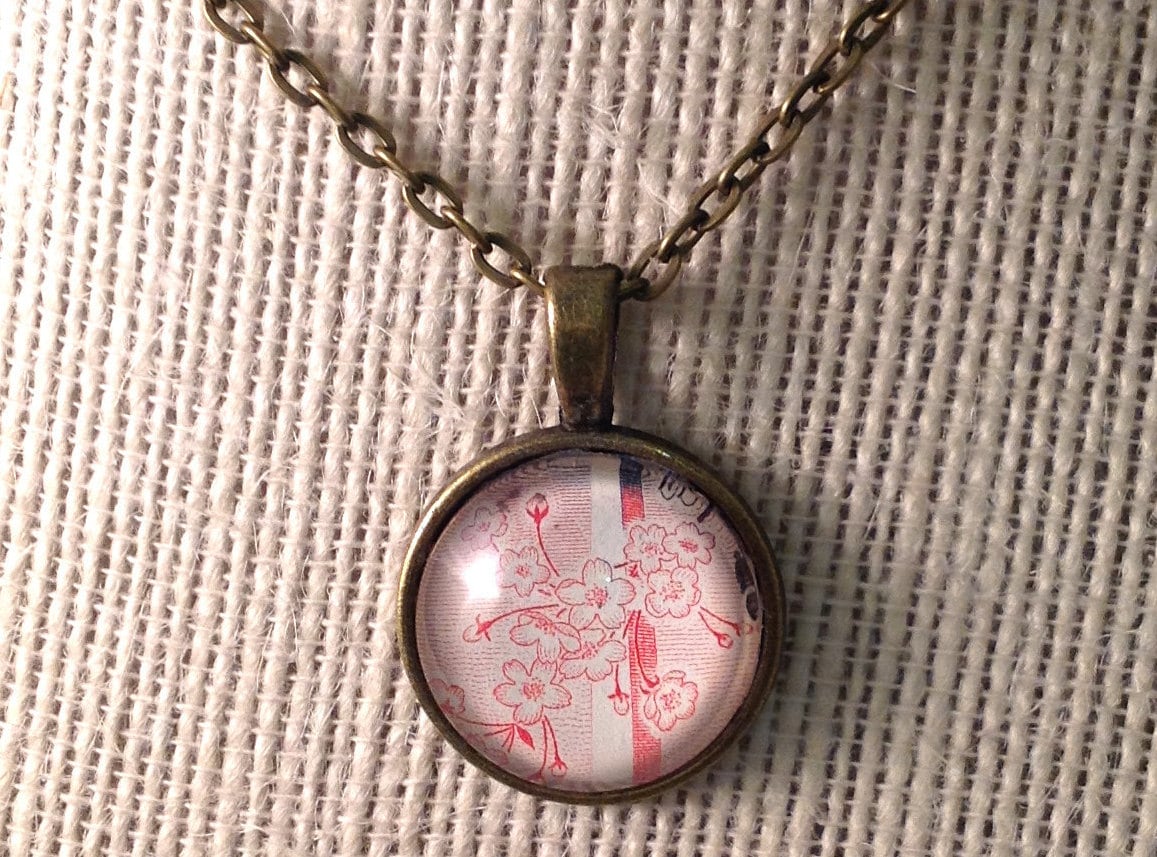1960 Cherry Blossom stamp- Postage Stamp Necklace