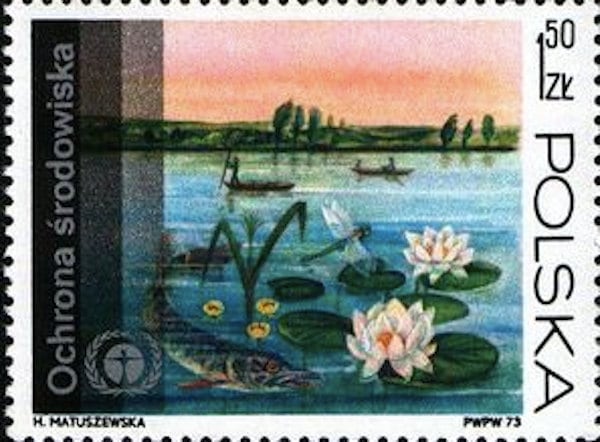 1973 Dragonfly & Waterlilies - Polish Stamp - Postage Stamp Necklace