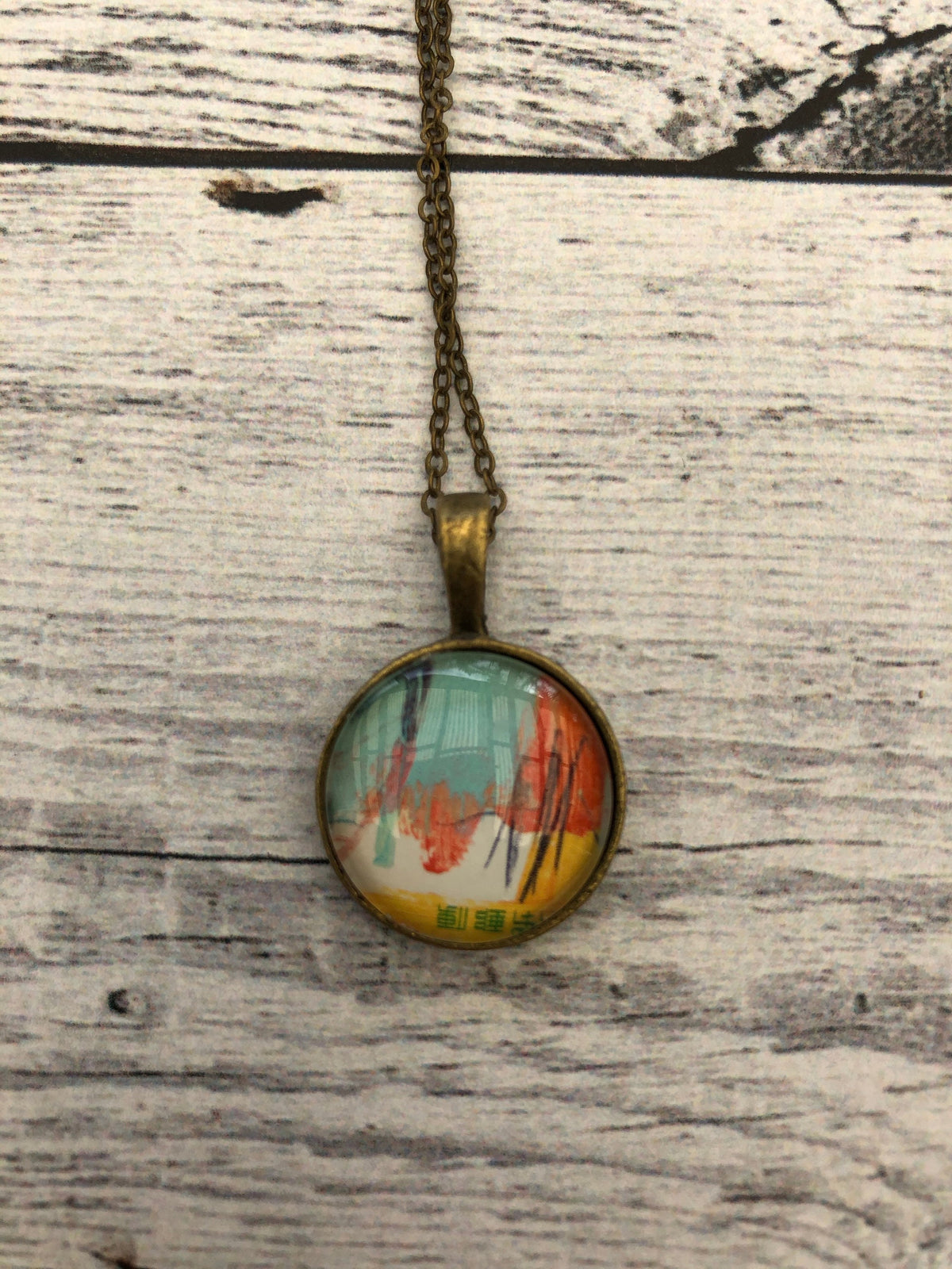 1998 Japanese Stamp - Postage Stamp Jewelry - Vintage Postage Stamp Necklace - Antique Bronze