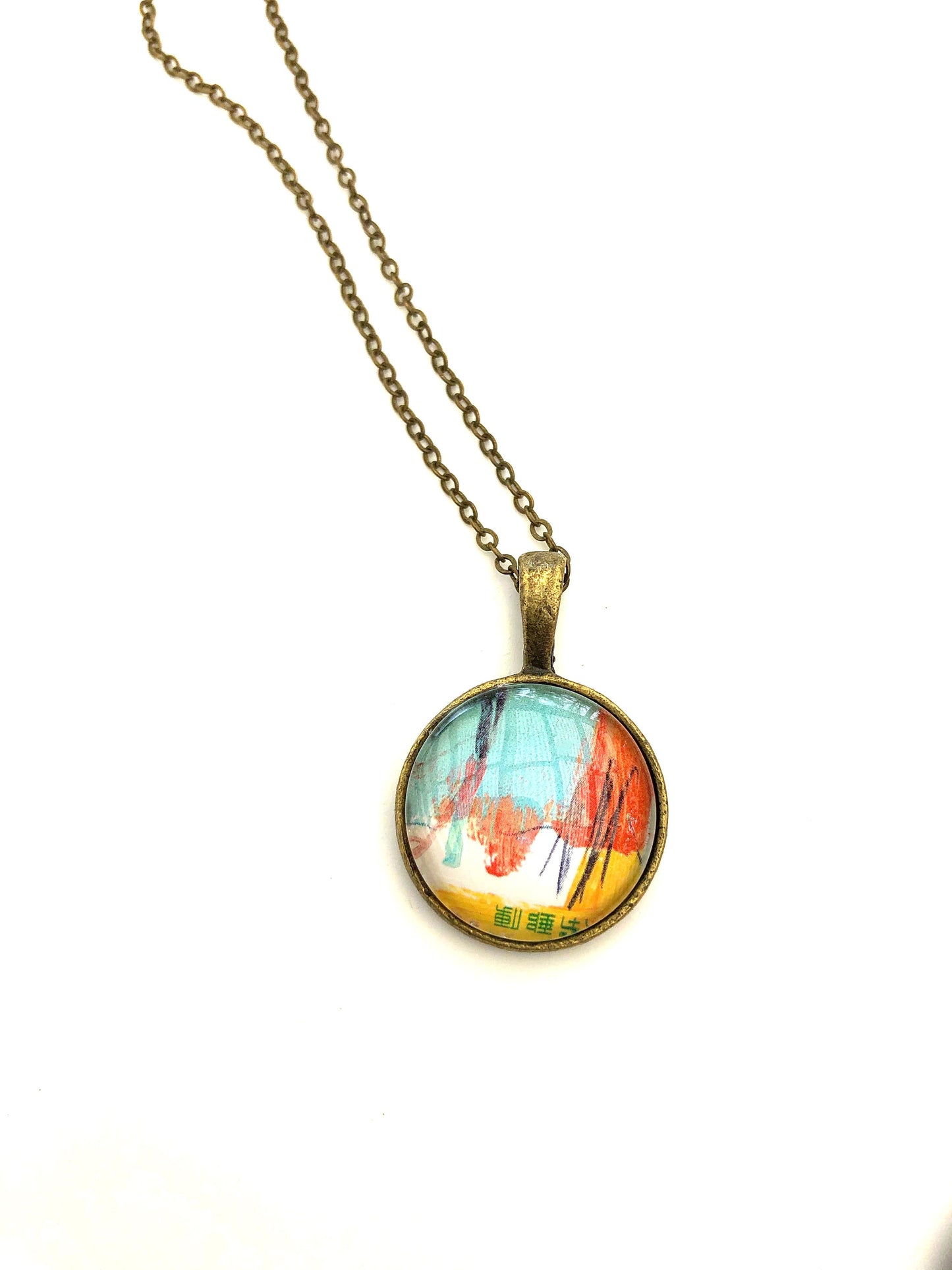 1998 Japanese Stamp - Postage Stamp Jewelry - Vintage Postage Stamp Necklace - Antique Bronze