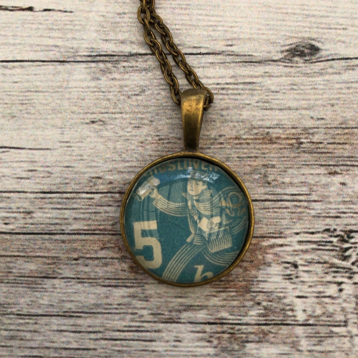 1947 Blue Postman Necklace Stamp - Postage Stamp Necklace