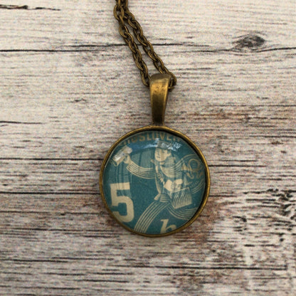 1947 Blue Postman Necklace Stamp - Postage Stamp Necklace