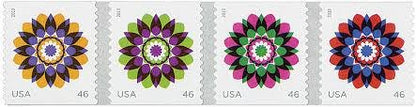 2013 "Kaleidoscope Flowers" Green/Purple USA Stamp - Postage stamp jewelry - Postage Stamp Necklace