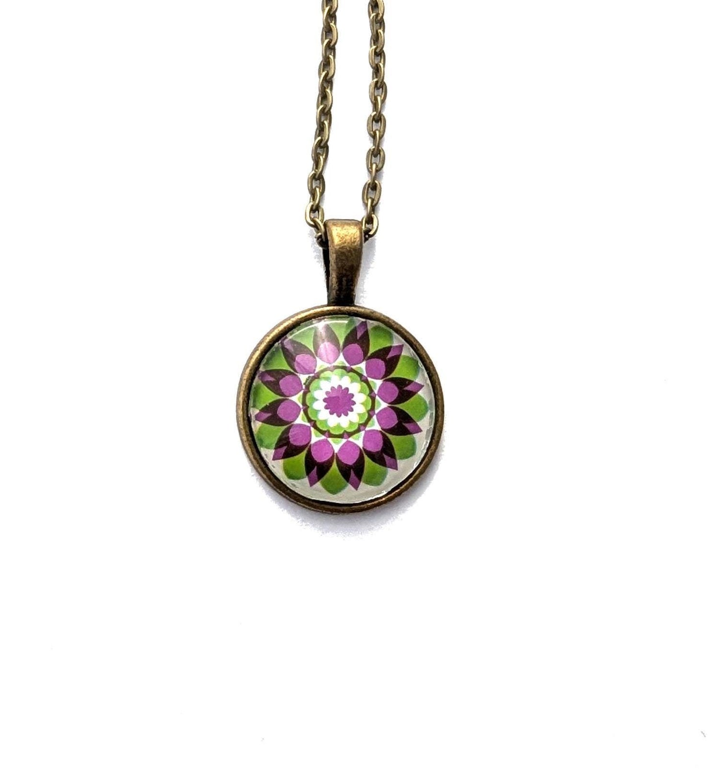 2013 "Kaleidoscope Flowers" Green/Purple USA Stamp - Postage stamp jewelry - Postage Stamp Necklace