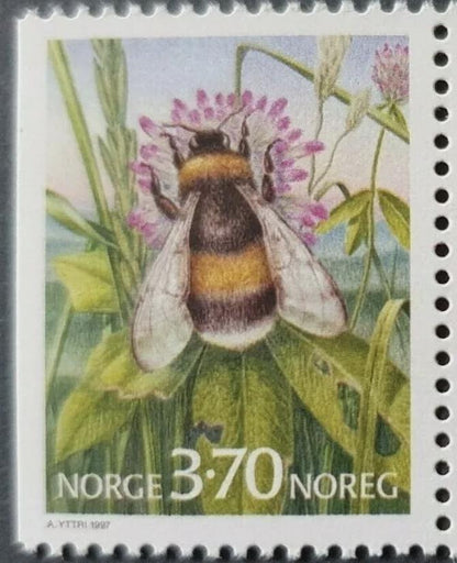 1997 Norway Bee Stamp - Postage Stamp Jewelry - Vintage Postage Stamp Necklace - Antique Bronze Finish