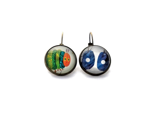 2018 Japan Eric Carle - The Very Hungry Caterpillar Stamp - Postage Stamp Earrings - French clip earrings in antique bronze finish
