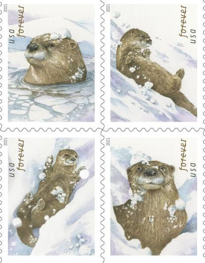 2021 Playful Otters in the Snow - USA Stamp - Postage stamp jewelry - Vintage Postage Stamp Earrings - French clip earrings antique bronze