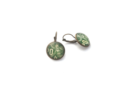 1945 Green Postman - Czech Stamp - Postage stamp jewelry - Vintage Postage Stamp Earrings - French clip earrings in antique bronze finish