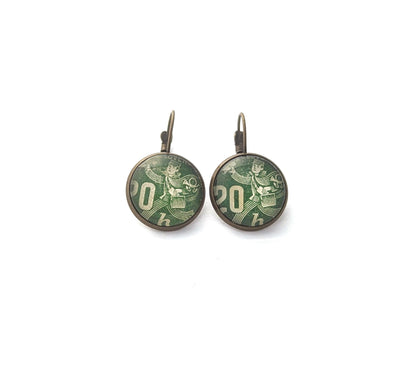 1945 Green Postman - Czech Stamp - Postage stamp jewelry - Vintage Postage Stamp Earrings - French clip earrings in antique bronze finish