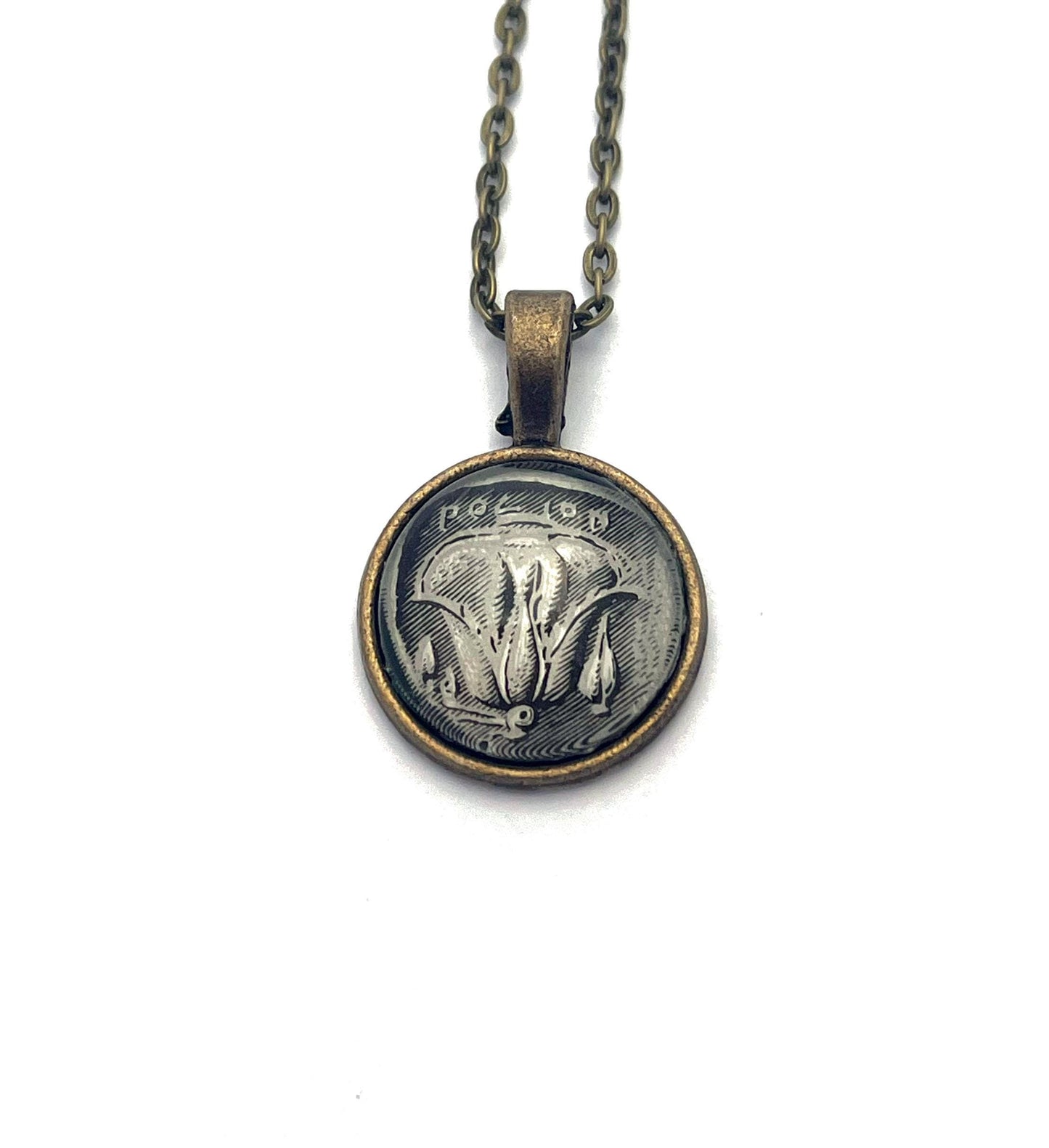 1959 Rose Coin Greece Stamp - Postage Stamp Jewelry - Vintage Postage Stamp Necklace - Antique Bronze Finish