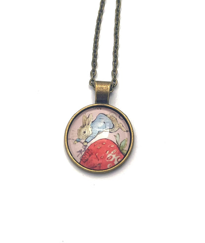 2021 Peter Rabbit & Strawberry - Japan Stamp - Postage Stamp Jewelry - Vintage Postage Stamp Necklace - Antique Bronze
