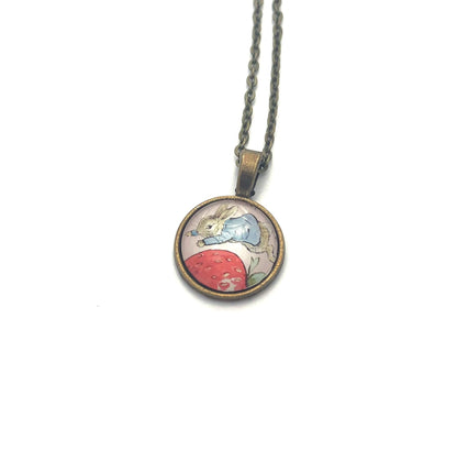 2021 Peter Rabbit & Strawberry - Japan Stamp - Postage Stamp Jewelry - Vintage Postage Stamp Necklace - Antique Bronze