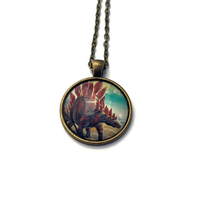 1991 Stegosaurus - Tanzania Postage Stamp Jewelry - Vintage Postage Stamp Necklace - Antique Bronze