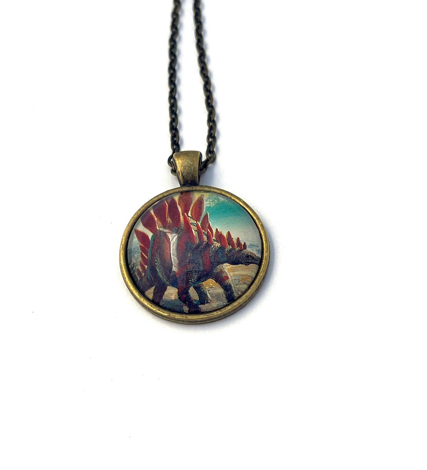 1991 Stegosaurus - Tanzania Postage Stamp Jewelry - Vintage Postage Stamp Necklace - Antique Bronze