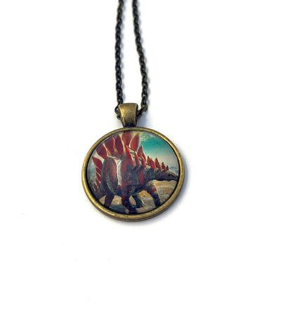 1991 Stegosaurus - Tanzania Postage Stamp Jewelry - Vintage Postage Stamp Necklace - Antique Bronze