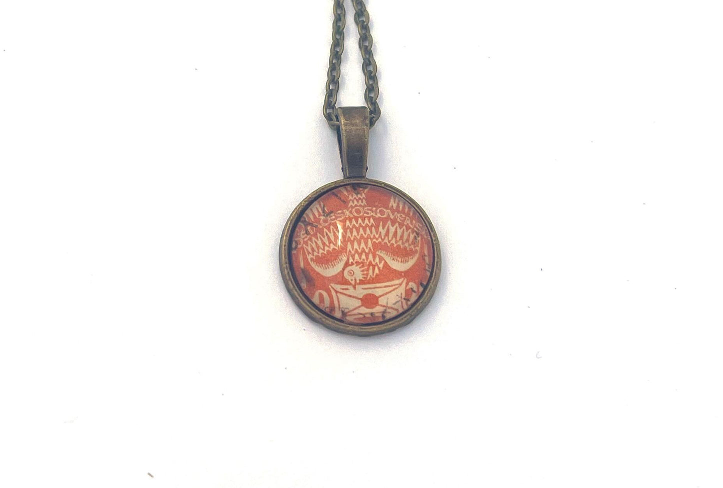 1920s Orange Dove Stamp - Carrier Pigeon -Czechoslovakian Postage Stamp Jewelry - Vintage Postage Stamp Necklace - Antique Bronze