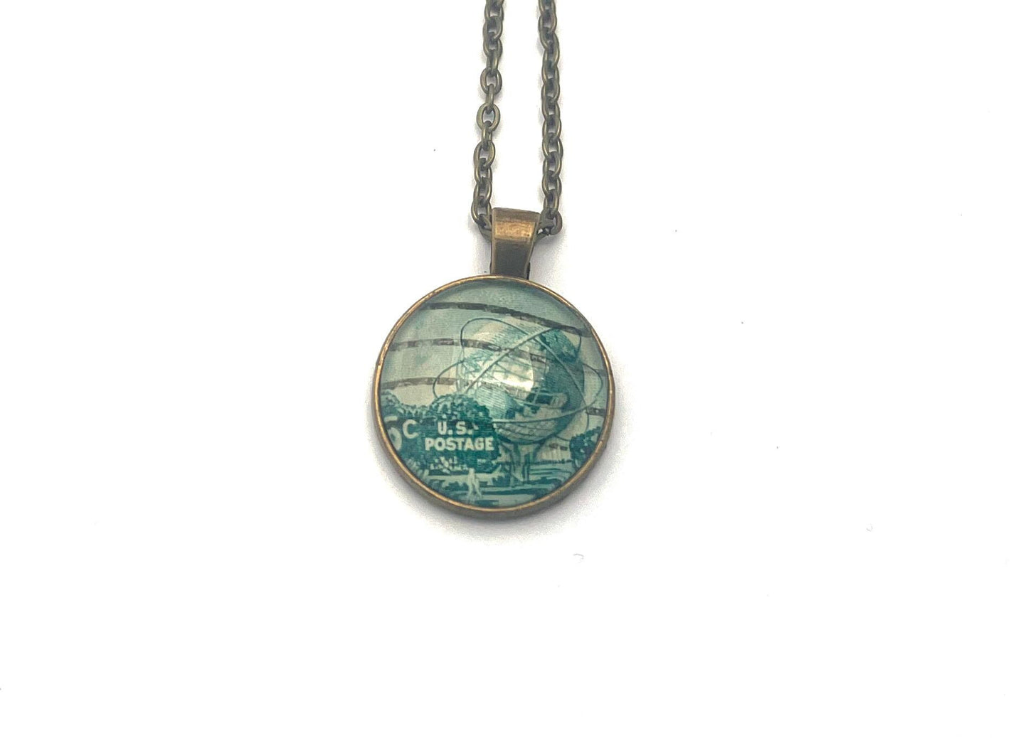 1964 World's Fair US Stamp - Postage Stamp Jewelry - Vintage Postage Stamp Necklace - Antique Bronze