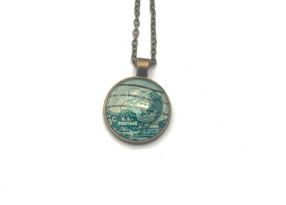 1964 World's Fair US Stamp - Postage Stamp Jewelry - Vintage Postage Stamp Necklace - Antique Bronze