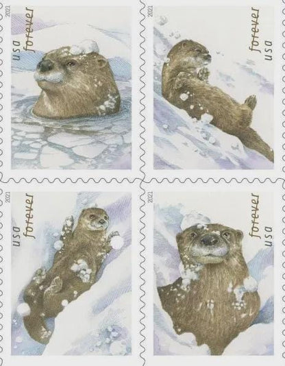 2021 Playful Otters in the Snow - Postage Stamp Jewelry - Vintage Postage Stamp Necklace - Antique Bronze Finish