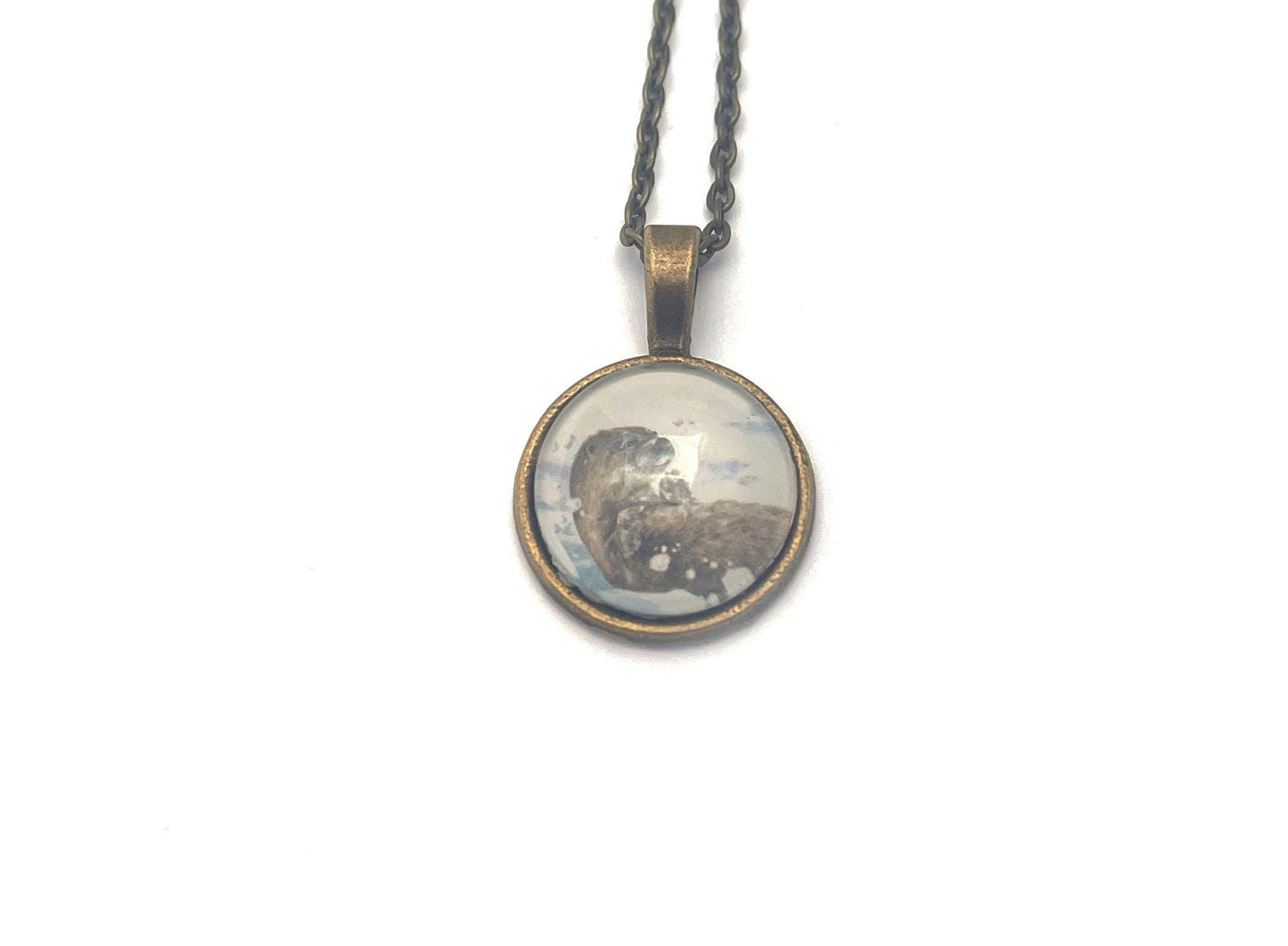 2021 Playful Otters in the Snow - Postage Stamp Jewelry - Vintage Postage Stamp Necklace - Antique Bronze Finish