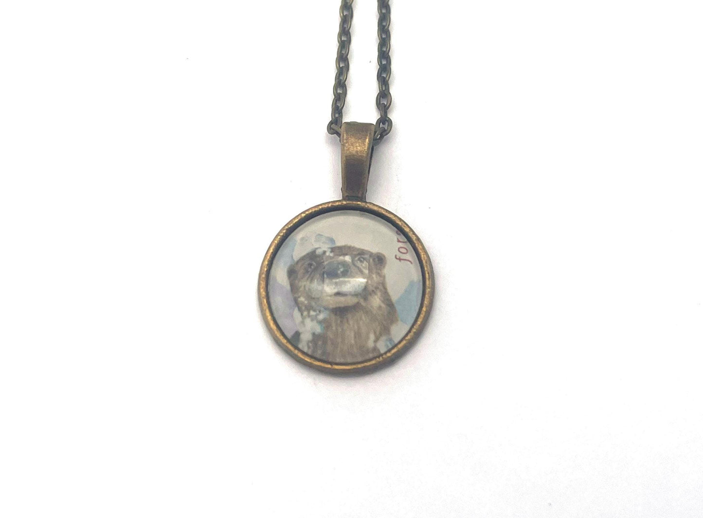 2021 Playful Otters in the Snow - Postage Stamp Jewelry - Vintage Postage Stamp Necklace - Antique Bronze Finish