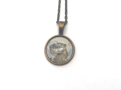 2021 Playful Otters in the Snow - Postage Stamp Jewelry - Vintage Postage Stamp Necklace - Antique Bronze Finish