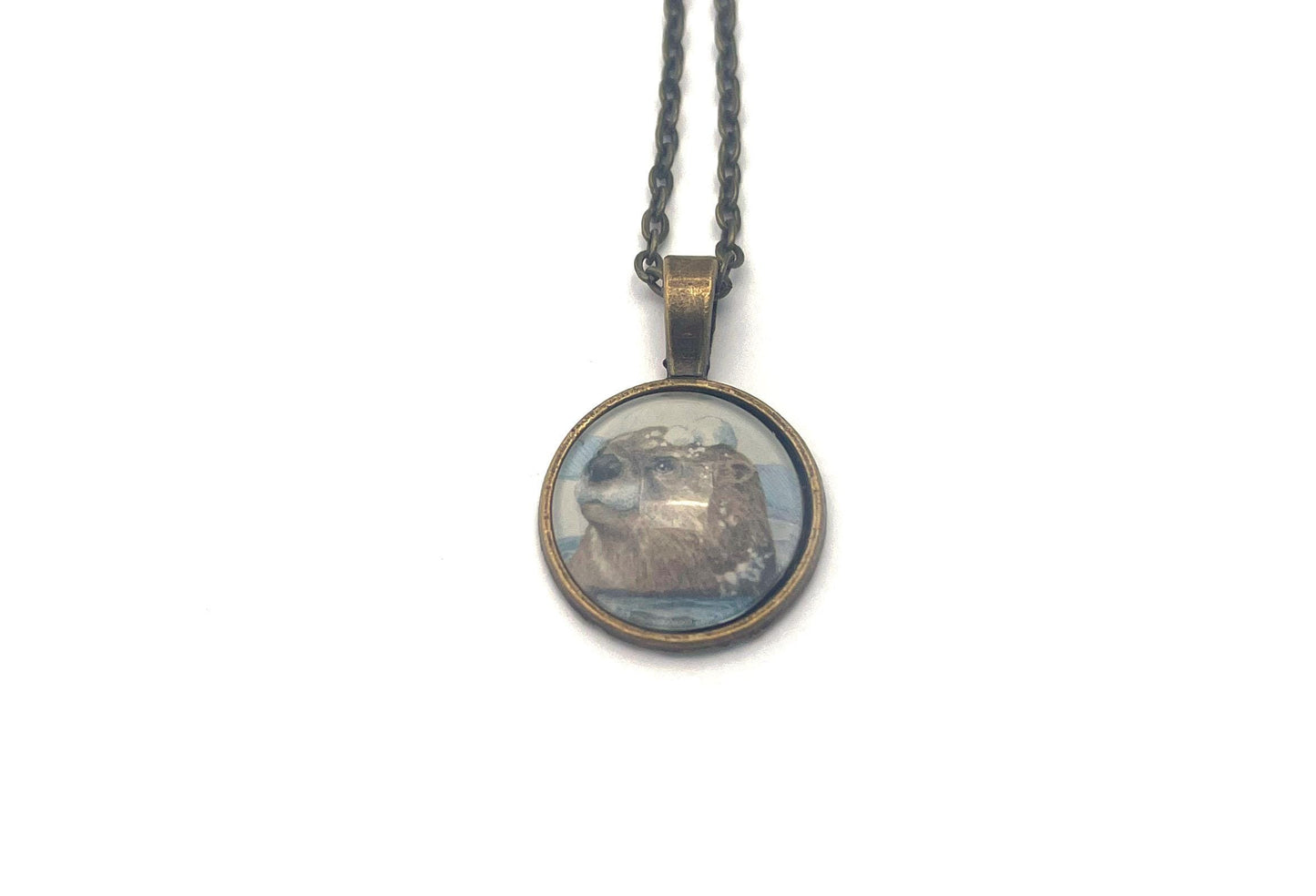2021 Playful Otters in the Snow - Postage Stamp Jewelry - Vintage Postage Stamp Necklace - Antique Bronze Finish