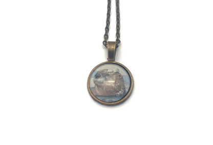 2021 Playful Otters in the Snow - Postage Stamp Jewelry - Vintage Postage Stamp Necklace - Antique Bronze Finish