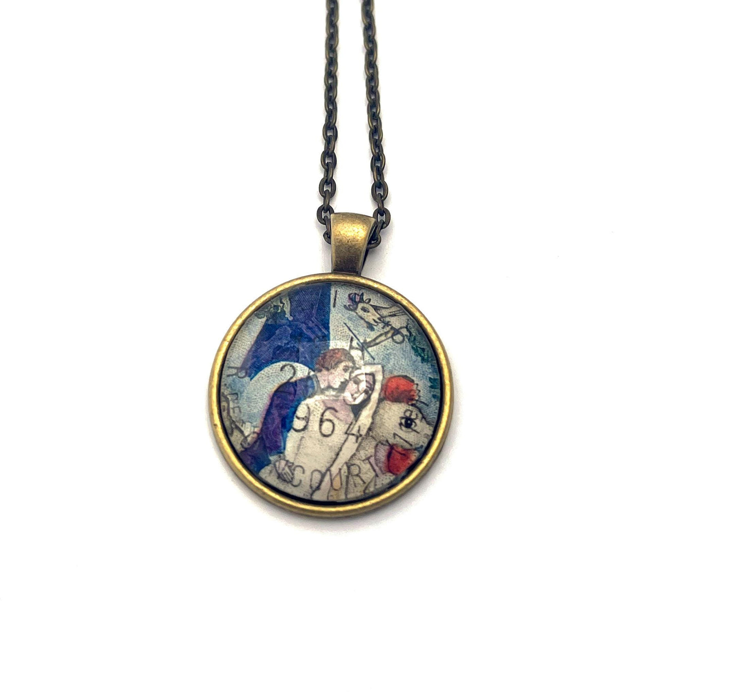 1963 Chagall - France Stamp -  Postage Stamp Jewelry - Vintage Postage Stamp Necklace - Antique Bronze
