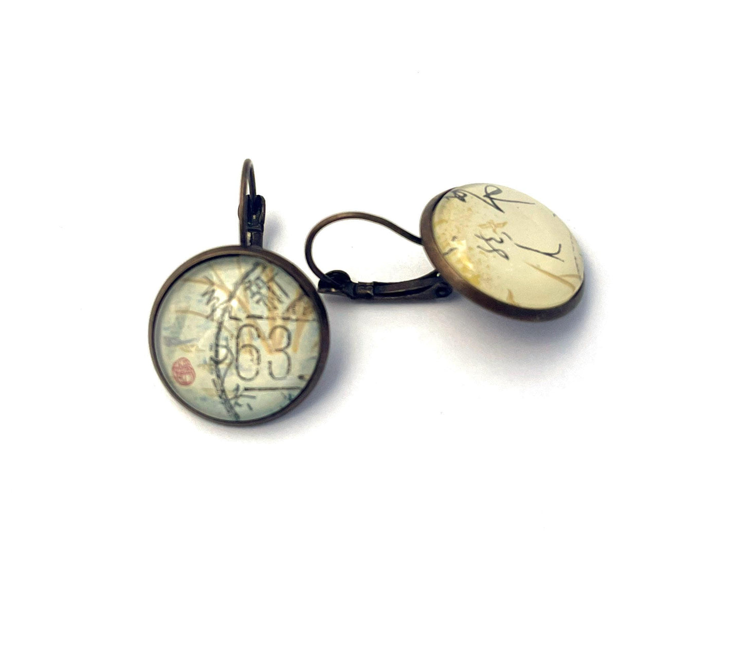 1988 Basho Matsuo Poem - Japan Postage Stamp Jewelry - Vintage Postage Stamp Earrings - French clip earrings in antique bronze finish