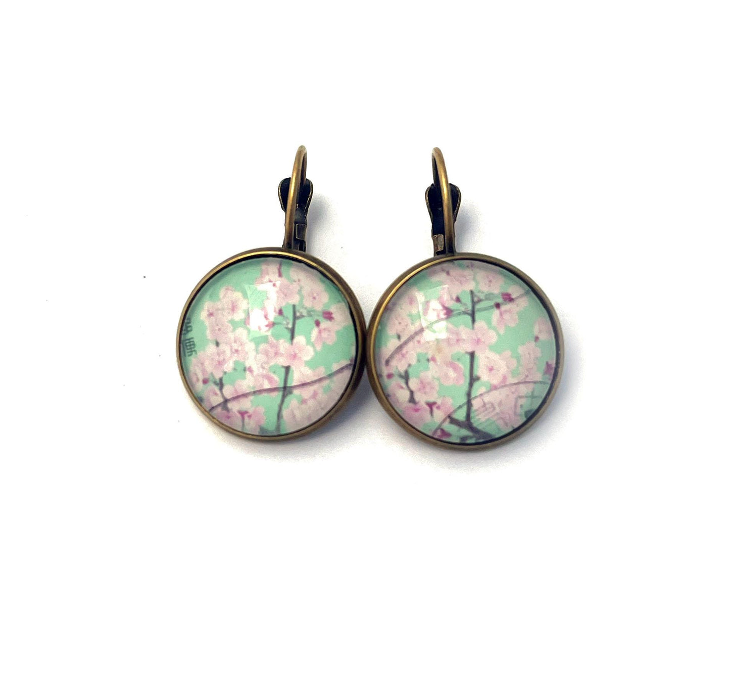 2014 Cherry Blossom - Japan Stamp - Postage stamp jewelry - Vintage Postage Stamp Earrings - French clip earrings in antique bronze finish