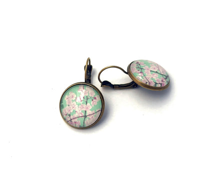 2014 Cherry Blossom - Japan Stamp - Postage stamp jewelry - Vintage Postage Stamp Earrings - French clip earrings in antique bronze finish
