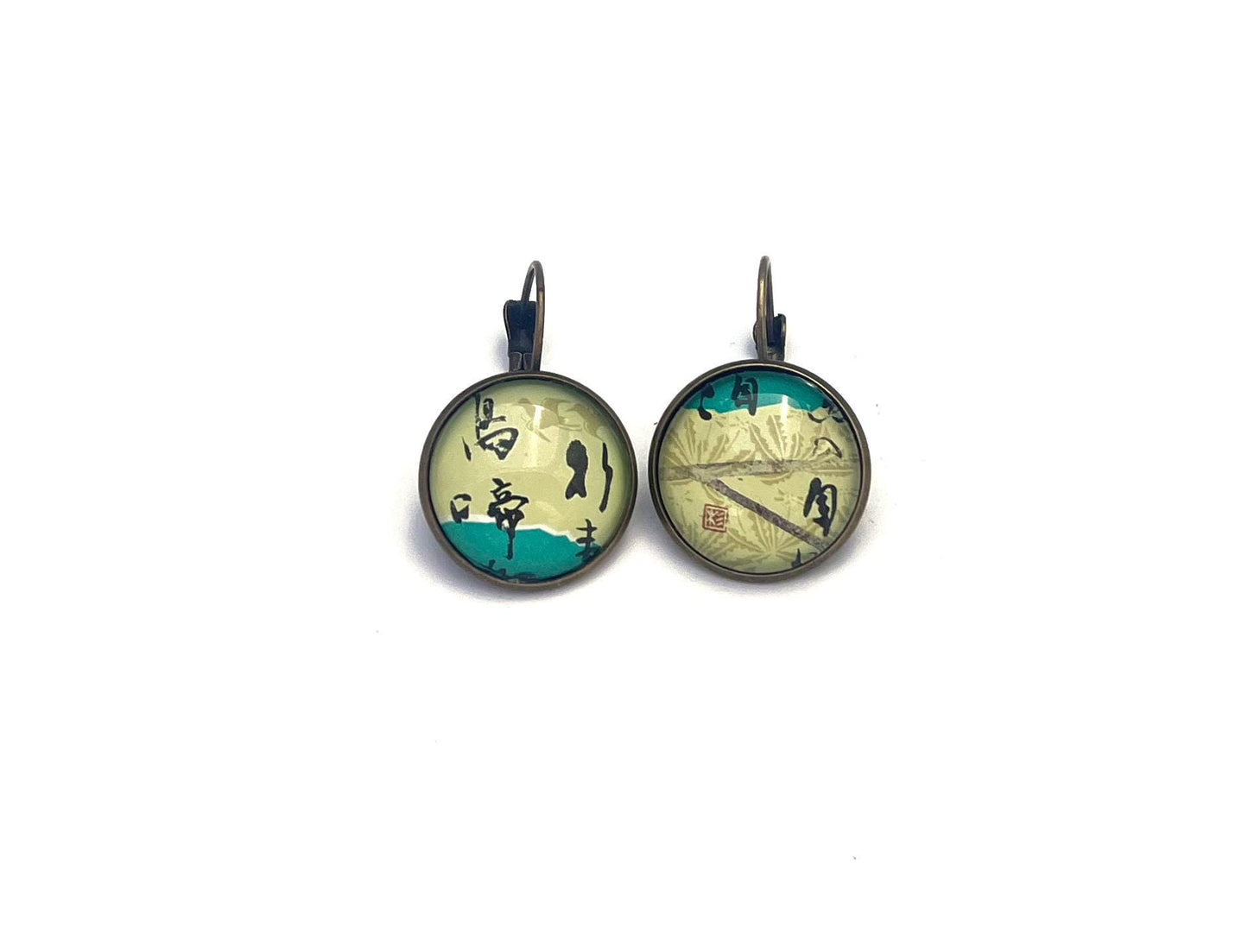 1987 Basho Matsuo Poem - Japan Postage Stamp Jewelry - Vintage Postage Stamp Earrings - French clip earrings in antique bronze finish