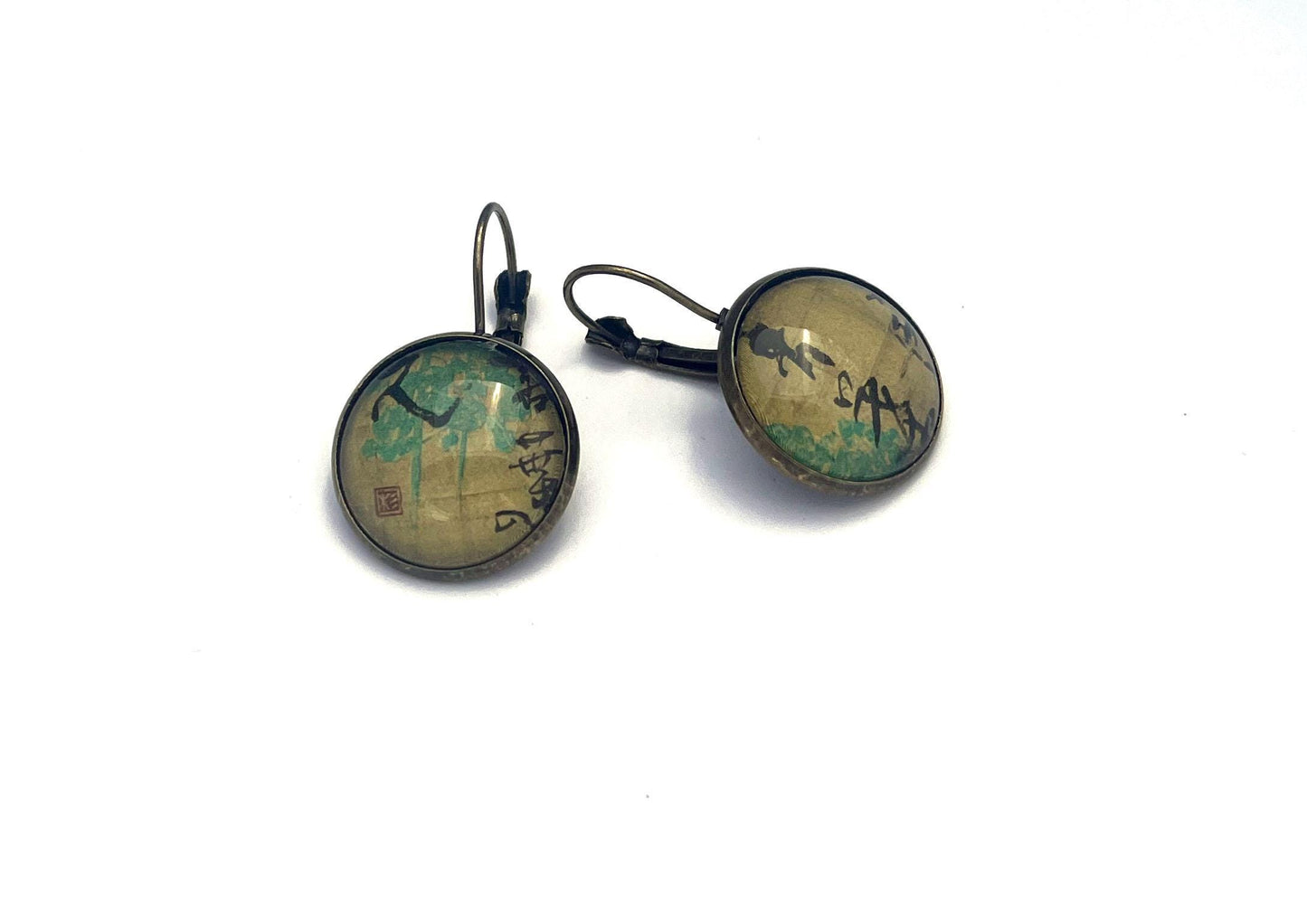 1987 Basho Matsuo Poem - Japan Postage Stamp Jewelry - Vintage Postage Stamp Earrings - French clip earrings in antique bronze finish